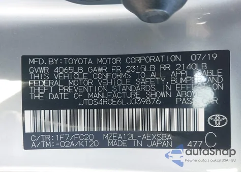 2020 Toyota Corolla Se from USA, damaged, VIN JTDS4RCE6LJ039876